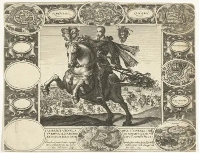 Ambrosius Spinola te paard; slag bij Oostende op de achtergrond