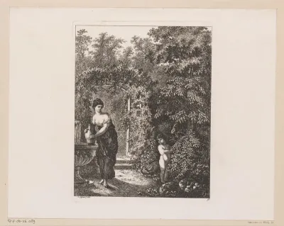 Amor bezoekt een jonge vrouw bij de fontein