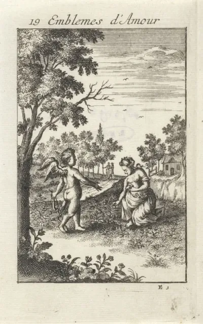 Amor bij een vrouw die bloemen plukt