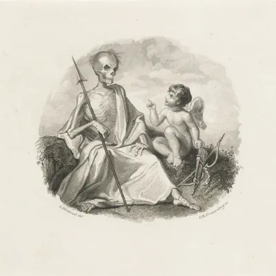 Amor en de Dood, als geraamte met speer