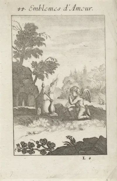 Amor geknield bij een symbolisch hart