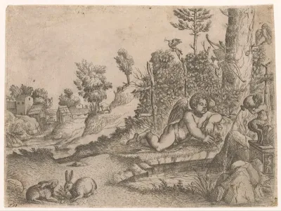 Amor rustend bij een fontein