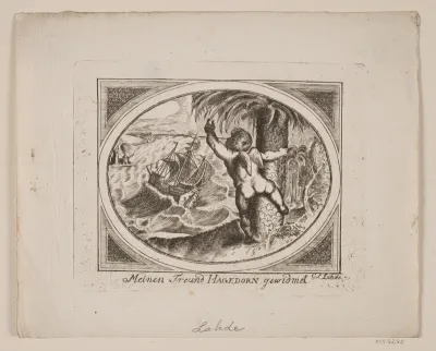 Amor ved et Palmetræ, pegende udover et oprørt hav.