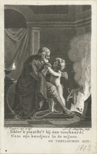 Amor verwarmt de handen van een oude man
