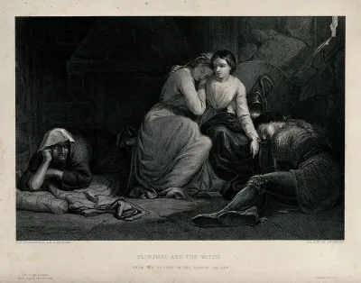Amoret and Aemylia, with Prince Arthur (right), in the cottage of Sclaunder (Slander)