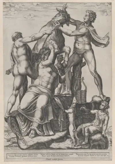 Amphion and Zethus Tying Dirce to a Wild Bull [The Farnese Bull], from "Speculum Romanae Magnificentiae"