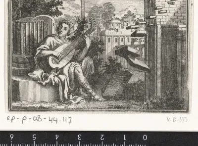 Amphion, spelend op een luit bij de muren van Thebe