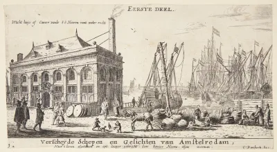Amsterdams havn med vægterboden. Titelblad til "Forskellige skibe og udsigter fra Amsterdam"