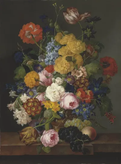 An abundant still life with spring and summer flowers in an urn, with fruit, on a marble ledge