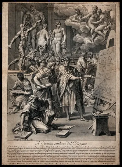An academy in which men discuss the branches of study required in the education of artists: the antique, anatomy, perspective and geometry Engraving by N