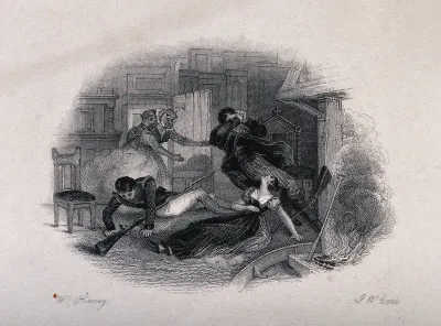An accident in front of a fireplace: a young lady and two young men fall injured to the ground next to two guns while billowing smoke fills the room