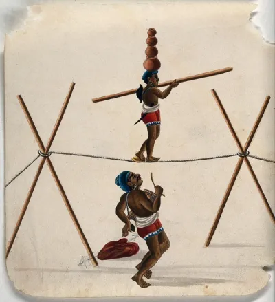 An acrobat walking a tightrope with four mud pots on his head while a musician looks on