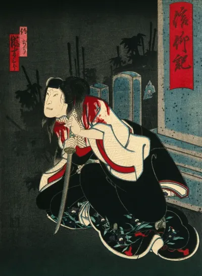 An actor as a bloodied woman in a graveyard