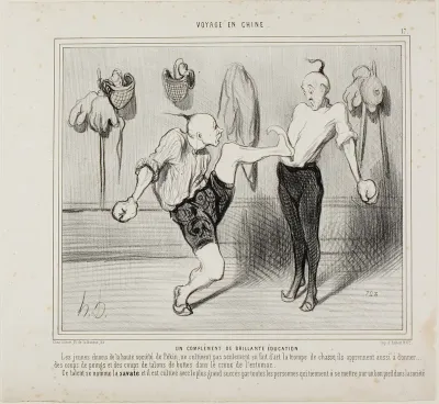 An Addition to a Splendid Education. The young Chinese of the upper class don't only cultivate the art of the hunting horn, they also learn to give punches with the fist or the heels of their boots right into the pit of the stomach. This talent is ca