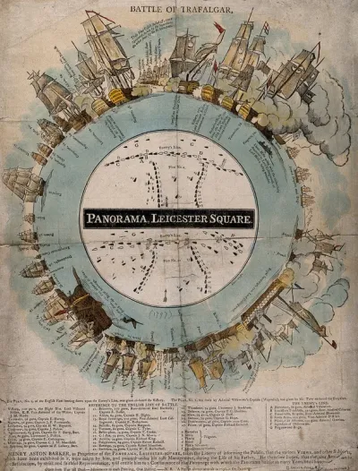 An advertisement for the Panorama, Leicester Square, London: showing the battle of Trafalgar