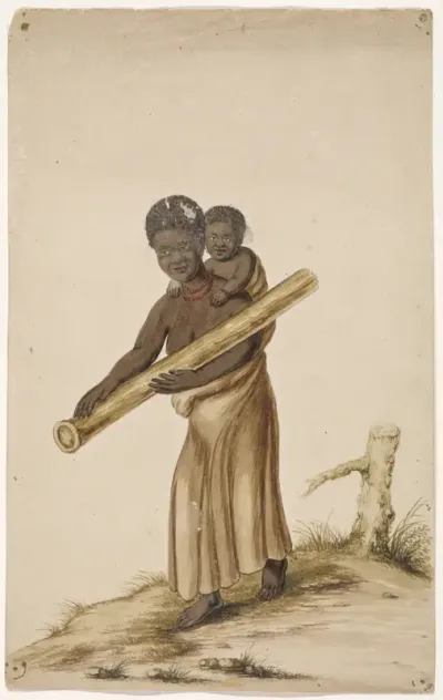 An African Woman with a Child and a Tree Trunk
