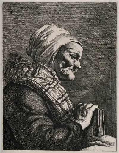 An aged blind and toothless woman holding a vellum-bound book