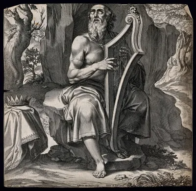 An aging David strums his harp, reciting psalms