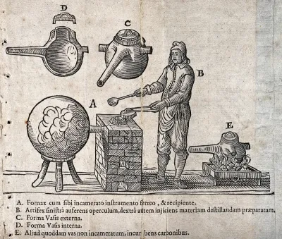 An alchemist at a furnace with a large 'receiver', with diagrams of alchemical apparatus