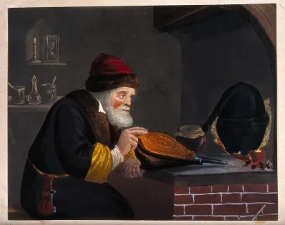 An alchemist at his furnace, hunched over bellows