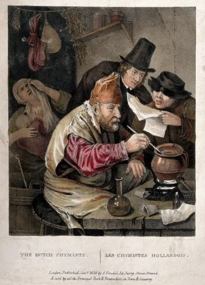 An alchemist hunched over his crucible; an assistant reads him a recipe, watched by an onlooker; the alchemist's wife weeps in the dim background, a baby clasped to her breast