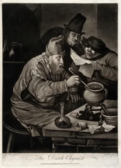 An alchemist hunched over his crucible; an assistant reads him a recipe, watched by an onlooker
