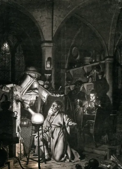 An alchemist in his study, discovering phosphorus; a young man and a boy in the background