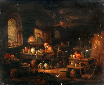 An alchemist or apothecary in his laboratory