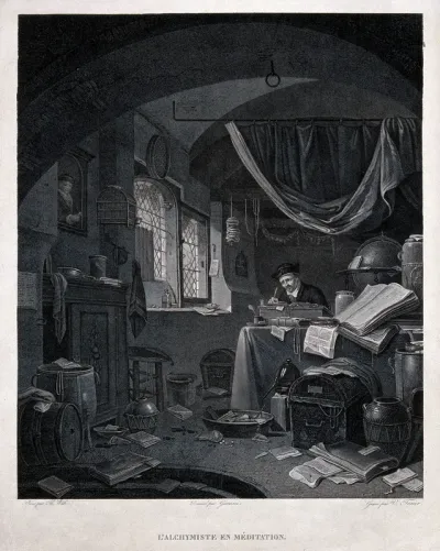 An alchemist peacefully writing in a room strewn with papers
