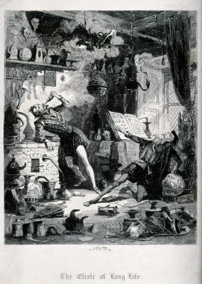 An alchemist's laboratory: a young man drinks an elixir of life while the alchemist is incapacitated