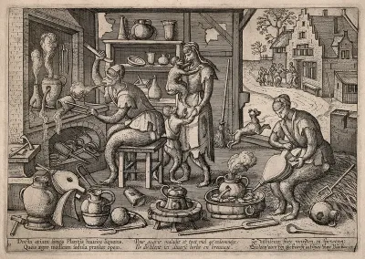 An alchemist's laboratory inhabited by monkeys: to the right they are shown calling at the poorhouse, destitute after their obsessive, fruitless experiments