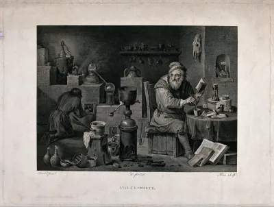 An alchemist seated at a table in his study; young man lighting a stove in the background