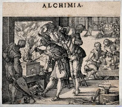 An alchemist stoking a furnace, surrounded by well dressed onlookers: a banquet takes place in the background