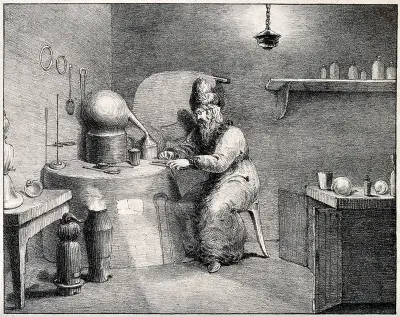 An alchemist wearing a tall hat, sitting at a table containing his chemical instruments