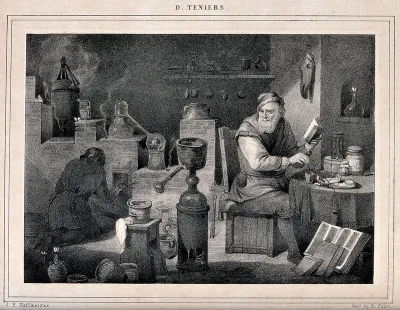 An alchemist with an assistant in his laboratory