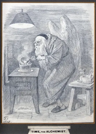 An alchemist with angel's wings and a skull cap, pouring fluid from a ladle into a crucible