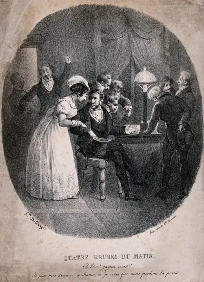 An all-night gambling party breaks up at four o'clock in the morning: one man says he has lost his last twenty francs