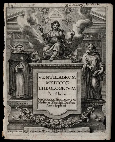 An allegorical figure holding torches seated on a baroque monument; the symbols of the four evangelists above her, and Saint Thomas Aquinas and Galen at her side