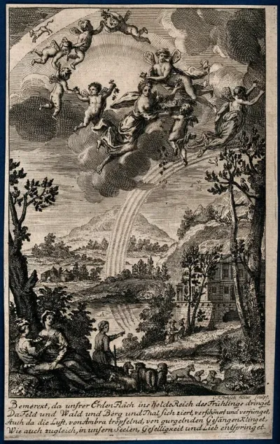An allegorical woman on clouds, surrounded by gamboling angels above a landscape with rainbow, lovers and a shepherd with young lambs; representing spring