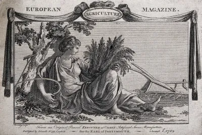 An allegory of agriculture: Ceres reclining amidst a collection of farm implements, she holds a sheaf of wheat and a scythe