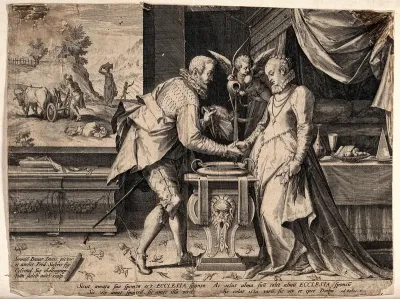 An allegory of marriage: an angel pours water over the conjoined right hands of a gentleman and a lady