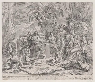 An allegory of painting, who as an child in the centre left draws on a tablet, surrounded by figures, many of whom are drawing