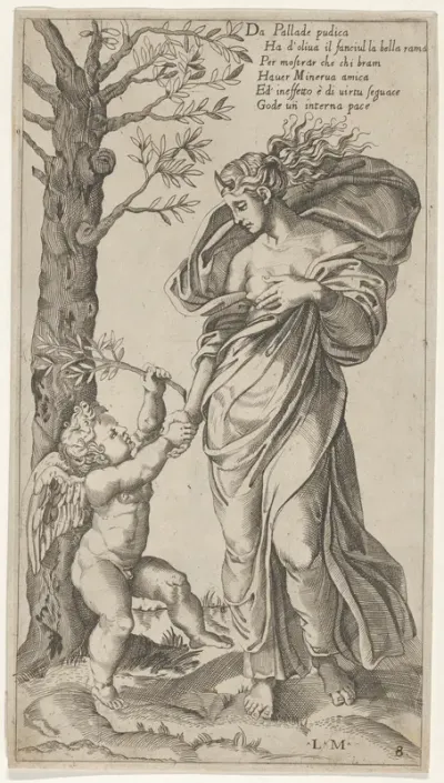An allegory of Peace; Peace personified as a woman standing in a landscape holding the left hand of a winged genius
