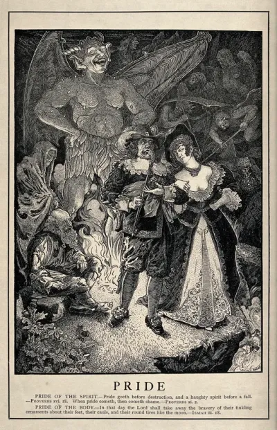 An allegory of pride: a richly dressed couple with an elegant attitude ignore the poor by their side and walk straight over the edge of a cliff; behind them stands an enormous devil who watches them; demons appear in the background