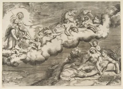 An allegory of the rising sun, a naked man wearing a shroud and accompanied Father Time is being drawn by horses