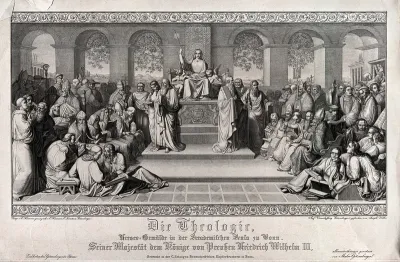 An allegory of theology with the catholic faction on the left, the protestant faction on the right