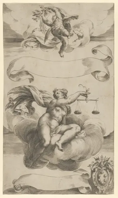 An Allegory of Truth and Justice; a naked woman in the center seated on a cloud holding a set of scales, a putto above, the Medici Coat of Arms at lower right