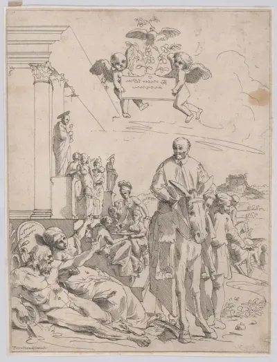 An allegory with Innocent X who is seated on horsback on the right, figures represting Rome in the lowe left
