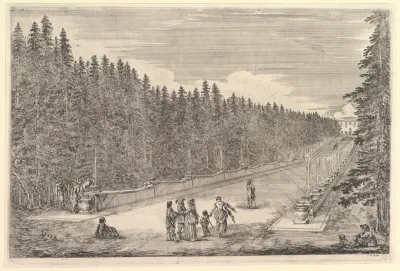 An alley of fountains, a group of people, from "Views of the villa at Pratolino" (Vues de la villa de Pratolino)