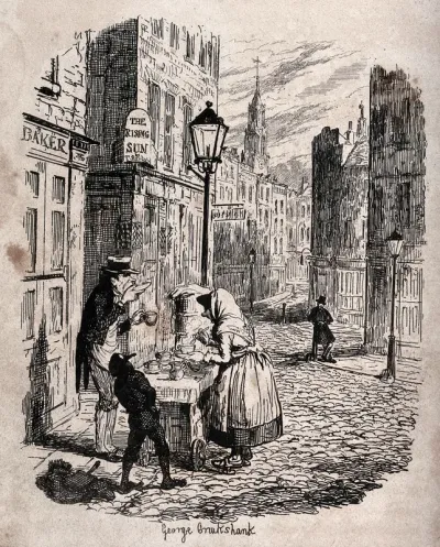 An almost deserted street in London in the early morning: a woman serves a man and a boy with a hot drink, and a policeman rests against a bollard